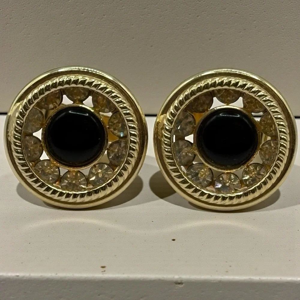 Gold Tone Rhinestone Cufflinks‎ Black Center Round Vintage Rope Twist Design MCM